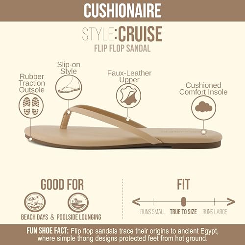 Image of CUSHIONAIRE Cruise Lightweight Womens Flip Flops, Comfortable Beach Sandals for Women with Cushioned Footbed & Flexible Slip On Design