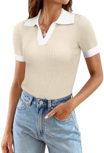 Ivicoer Womens 2025 Summer V Neck Short Sleeve T Shirts Slim Fitted Ribbed Knit Casual Tee Tops