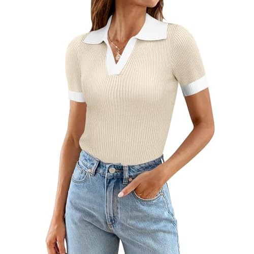 Ivicoer Womens V Neck Sweaters Dressy Casual Short Sleeve Sweater Slim Fit Lightweight Knit Tops Apricot X-Large