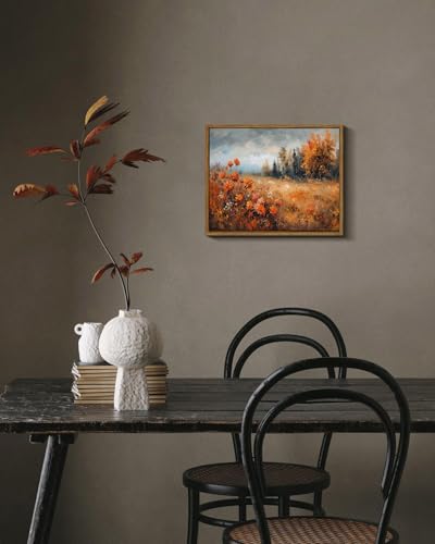Image of KISSFOX Framed Wall Art Decor Vintage Landscape Pictures Wall Decor Fall Leaves Forest Scenery Canvas Art Farmhouse Countryside Paintings Artwork For Bedroom Kitchen Living Room