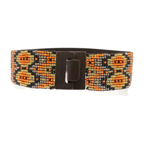 Women Elastic Beads Band Fashion Belt Hip High Waist Wood Buckle Ethnic S M