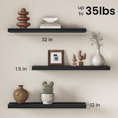 Image of Fun Memories 32 Inch Floating Shelves for Wall, 12 inch Deep Large Wall Mounted Wood Shelves with Invisible Bracket, Rustic Black Floating Shelf for Bathroom Over Toilet Kitchen Living Room, Set of 3