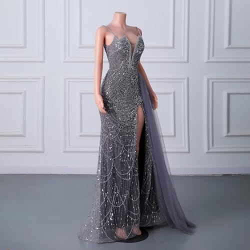 Pearls Spaghetti Straps Mermaid Evening Dress Side Slit Formal Prom Dress Wedding Bride Party Gown4