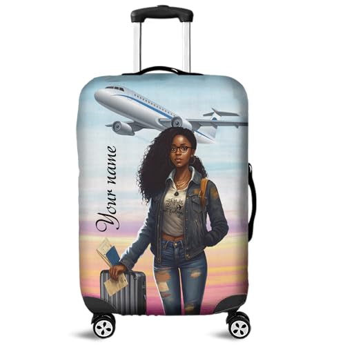 Thuha Tree Shop Personalized Name Black Women Luggage Cover 3 Sizes, black women luggage covers for suitcase (Style 13)