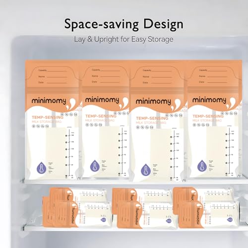 minimomy Breastmilk Storing Bags, Temp-Sensing Discoloration Milk Storing Bags for Breastfeeding, Disposable Milk Storage Bag with 6 Ounce Self Standing, No-Leak Milk Freezer Storage Pouches, 50pcs