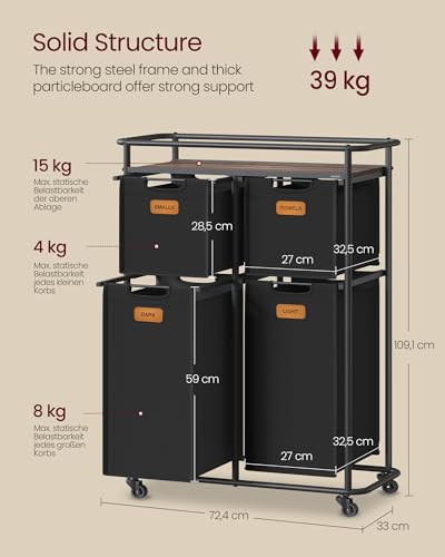 VASAGLE Wäschesammler mit Rollen, Wäschekorb 4 Fächer, 150 L, Wäschesortierer mit Ablage, Wäschewagen, abnehmbare Taschen, 6 Etiketten, Waschküche, tintenschwarz-kastanienbraun RLS100B01