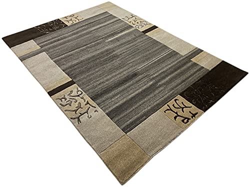 wawa Indo Nepal Handgeknüpft Teppich Beige Grau Schwarz 100% Wolle Hochwertiger Orientteppich (120...
