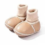 100% Sheepskin Lined Baby Booties: Stay-On Thermal Wool Newborn Shoes Socks - Warm Soft Sole Infant Slippers for Boy Girl 6 to 12 Months - Chestnut