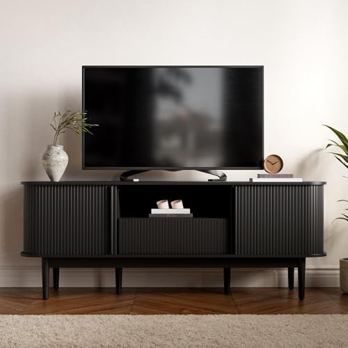 Image of Furniway Modern TV Stand for 45 /55 /70 inch TV, Entertainment Center with Sliding Doors and Storage, Wood TV Stand for Bedroom, Living Room, Black