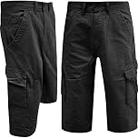 WJL WHISPERING JONES LONDON Mens Cargo Shorts Combat Work Casual Chino Long 3/4 Below Knee Length Summer Pants, Black, 34