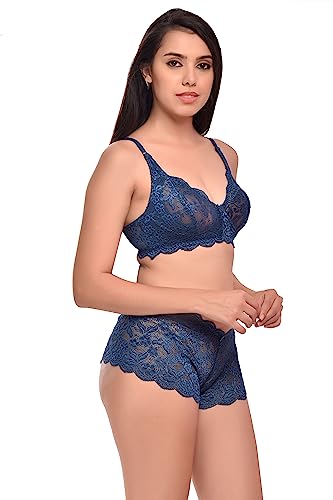Image of SGC Sweden Lace Stretchable Bra Panty Set for Women | Non-Padded | Non-Wired | Seamed | Floral Print Full Coverage | Lingerie Set for Women & Girls (Set of 1) (38, Blue), Hipster
