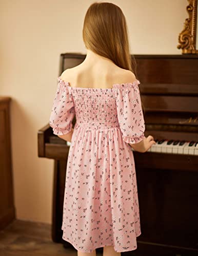 Arshiner Girl's Square Neck Puff Sleeve Summer Casual Sundress A-Line Dress Pink For 12-13 Years #TOP2