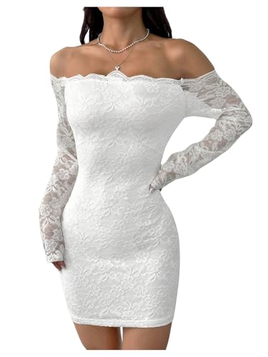 Milumia Women's Off The Shoulder Lace Mini Dress Sexy Long Sleeve Bodycon Party Short Dresses White...