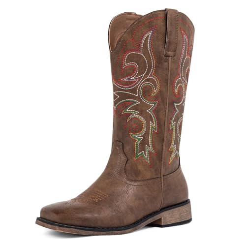 SheSole Women's Wide Calf Cowboy Boots, Stylish Square Toe Cowgirl