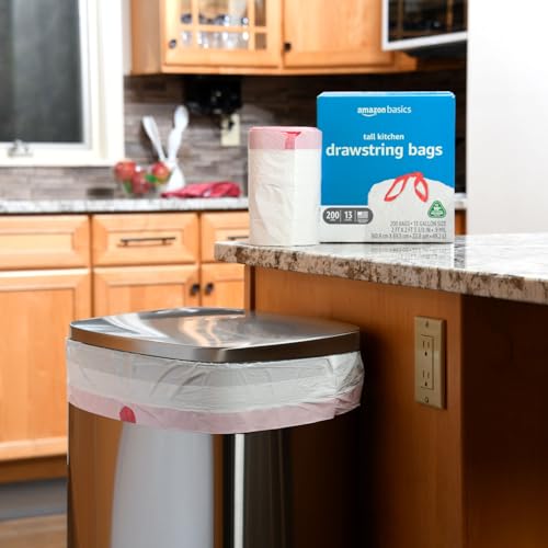 amazon basics 13 gallon tall kitchen drawstring trash bags unscented 10 post consumer recycled 200 count