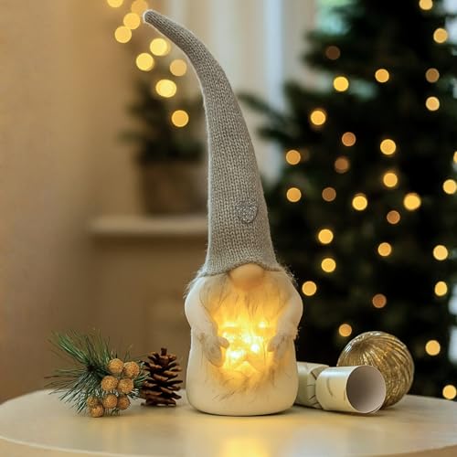 Marco Paul 29cm Grey LED Christmas Gonk – Soft Plush Light Up Nordic Santa Ornament - Battery-Operated Warm White Pre-Lit Gnome for Indoor Xmas Décor, Table, Mantel & Window Display