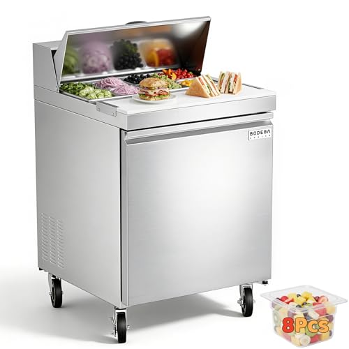 Image of BODEGACOOLER 27 inch W Sandwich Prep Table Refrigerator, 8.03 Cu.Ft Pizza Prep Table, Commercial Salad Bar with Single Stainless Steel Door, 8*1 /6 Pans, Cutting Board for Restaurant, Home, Cafe, Bakery