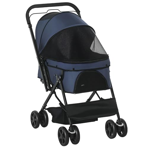 PawHut Hundebuggy Hundewagen Buggy für kleine Hunde und Katzen Haustierwagen Pet Stroller Katzenbuggy Oxford Blau 76,5 x 52 x 95 cm