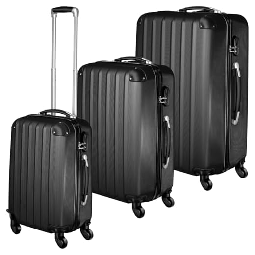 tectake Lot de 3 Valises Trolley Valise Rigide à roulettes - diverses Couleurs au Choix (Noir)