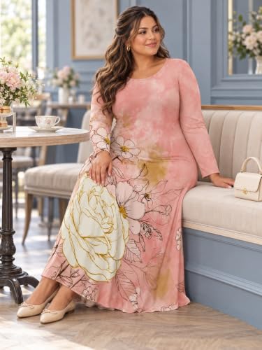 Image of Womens Plus Size Maxi Dress Long Sleeve Round Neck Casual Long Dress
