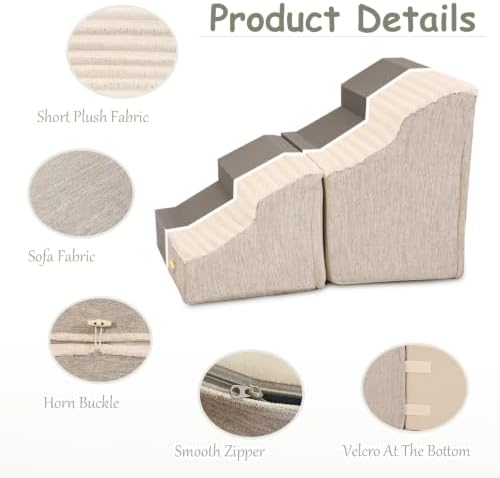 DEBANG HOME Dog Stairs for Small Dogs,2 in 1 Transformable 4-Step Pet Stairs,Indoor Pet Steps for Cats,Comfort, Durable Washable Cover and Durable High Density Foam,Beige