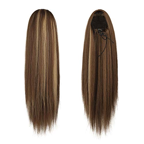 Barsdar 14 In Drawstring Clip In Ponytail Extensions, Short Straight Synthetic Ponytail Hair Extensions Fluffy Yaki Hairpiece For Women Girls For Daily Use Make Up Party Halloween-Light Golden Brown Mix Pale Golden Blonde #TOP1