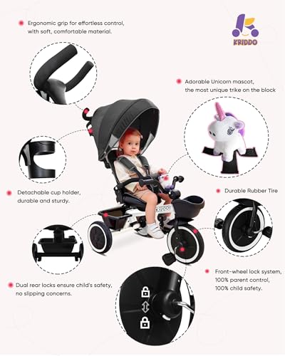 Image of KRIDDO 7-in-1 Push Tricycle w /Parent Steering Handle, Ages 1.5 to 5 Years