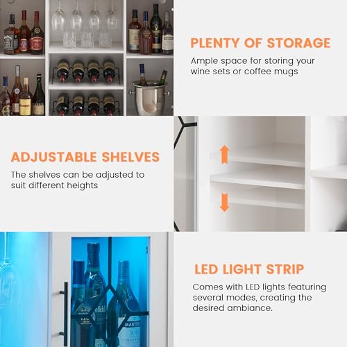Image of Farmhouse Wine Bar Cabinet with LED Light, Wood Storage Cabinet with Glass Doors, Adjustable Shelves, Wine & Coffee Station for Dining Room, Living Room, Home Bar,White