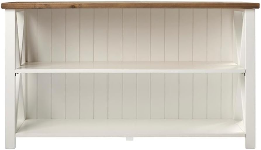 BOWERY HILL Farmhouse Wood Storage Console, 52" Wide, Solid Pine, White/Brown Finish, 2 Shelves, Beadboard Back, X-Framed Legs, TV Stand for Living Room, Bedroom, Entryway, or Home Office