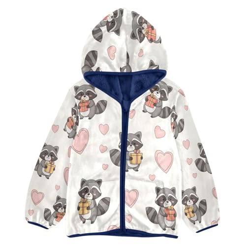 Cute Raccoons Hearts Toddler Fleece Jacket Girl Boys Hooded Fleece Jacket Coat Warm Outwear Zip-up 3-10T
