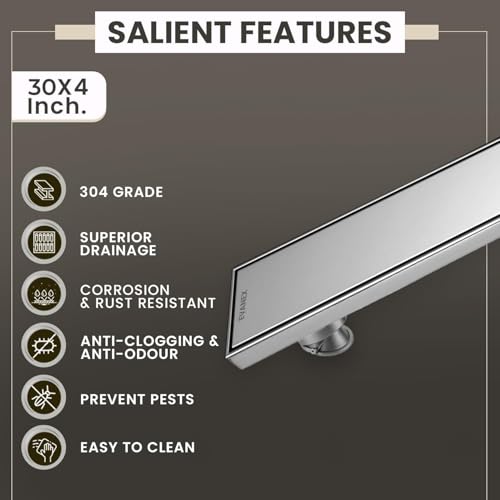 Image of EVANEX Tile Insert Bathroom Drain | 30x4 Inches Shower Drain Channel | Waste Water Floor Drain Channel | 304 Stainless Steel Invisible Shower Drain Channel with Anti Cockroach Trap