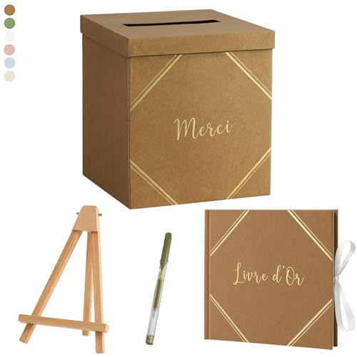 Un Jour En Or - Pack Signature Kraft et Or : 4 éléments (Urne Merci, Livre d’or, Stylo encre doré, Chevalet en bois) pour mariage, baptême, anniversaire,...