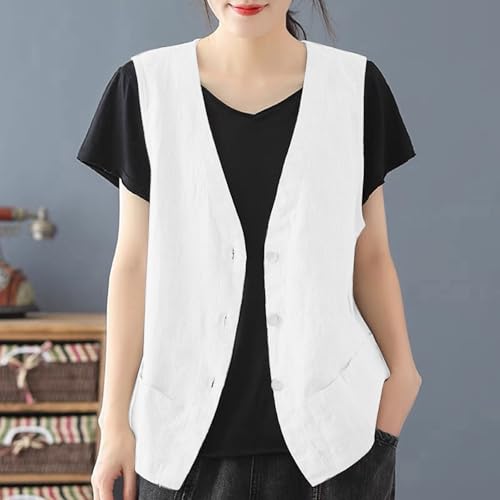 Chaleco de lino para mujer sin mangas ligero estilo cárdigan 3