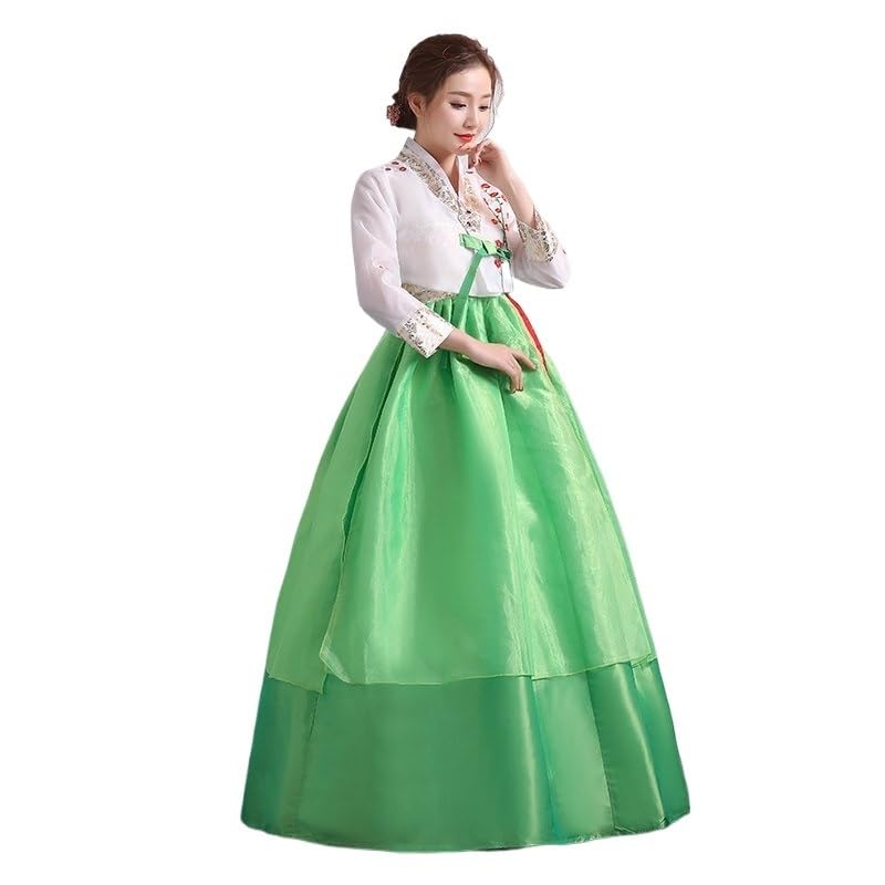 HIMKSRE Hanbok for Women Korean Traditional Costume Minority Palace Performance Court Clothes Flower New Year Wedding Party Dance Dress(White,L)