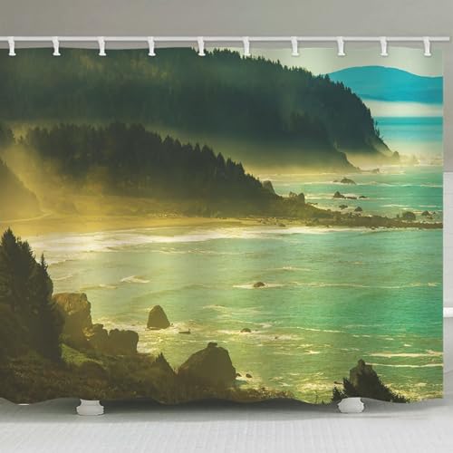 Rideau douche automne montagne et mer vert imperméable 200x180cm - 3
