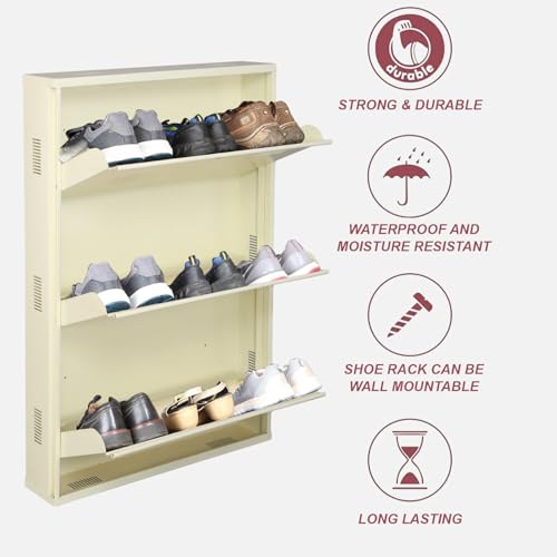 Image of Metal Shoe Rack Wall Mounted for Home with Central Locking |3 Door 28 inch Wall Mounted Metal 9 Pair Shoe Rack Cabinet | Pre-Assembled Rack Shelves |3 Year Warranty (Ivory)