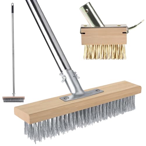 IHKFILAN Heavy Duty Wire Broom, Stainless Steel Wire Broom with 63 Inch Long Handle, 2 IN 1 Stiff Metal Bristle Brush for Removing Weed Moss, Outdoor Floor Scrub Brush for Patio, Deck, Garden