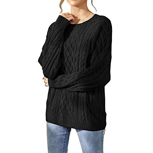 Zeraly Damen Rundhalsausschnitt, Strickpullover mit Zopfmuster, warm, einfarbig, lässig, lockerer Pullover, schwarz, Mittel Cover