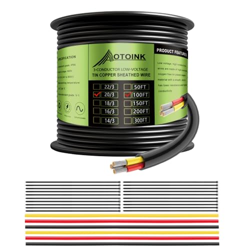 AOTOINK Fil Electrique 20/3 30.48M 3x0.5mm², Câble 12/24 V, Fil de Couverture de Tube en Cuivre Etamé de Calibre 20 pour Automobile,Eclairage LED,Bateau