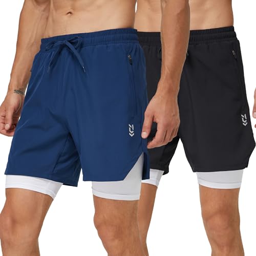 frueo 2 Pack 2 in 1 Mens Running Shorts Dry Fit Gym Shorts Lightweight Sport Athletic Training Shorts with Zipper Pocket Compression Base Liner Workout Short(0609) BlackNavy-S
