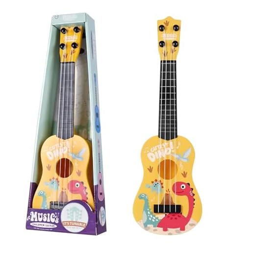 JurciCat Guitarra infantil de 42 cm con 4 cuerdas ajustables para ukelele, juguete para niños pequeños, principiantes, niños y niñas (dinosaurios)