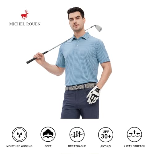 Image of Mens Golf Shirt Moisture Wicking Dry Fit Performance Sport Short Sleeve Striped Golf Polo Shirts for Men
