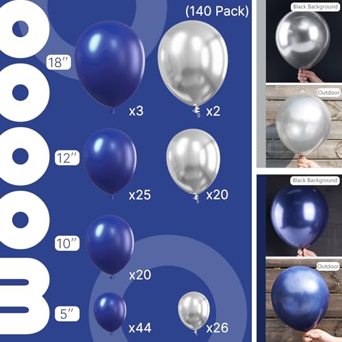 Image of PartyWoo Blue and Silver Balloons, 140 pcs Navy Blue and Silver Balloons Different Sizes Pack of 18 Inch 12 Inch 10 Inch 5 Inch for Balloon Garland or Arch as Birthday Decorations, Party Decorations