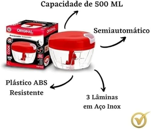 PROCESSADOR TRITURADOR CORTADOR MINI DE ALIMENTOS ALHO CEBOLA TOMATE VINAGRETE MANUAL 3 LÂMINAS TAMP