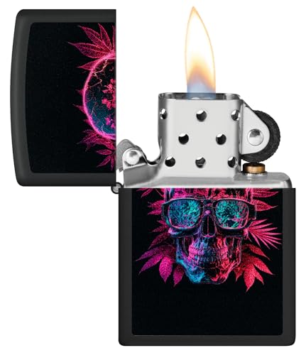 Image of Zippo Windproof Lighter - Cannabis Skull, Black Matte, Black Light - Refillable - Reusable - Windproof Design - Gift Box - Made in USA