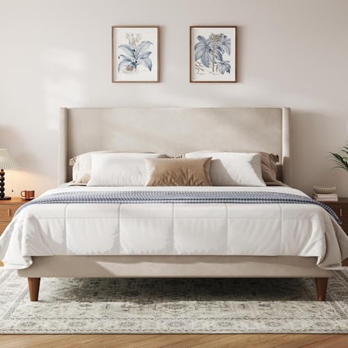 Image of Merax Solid Wood King Size Velvet Bed Frame with Wingback Headboard, Modern Upholstered Platform with Walnut Wooden Legs, Strong Wooden Slats, No Box Spring Needed, Beige
