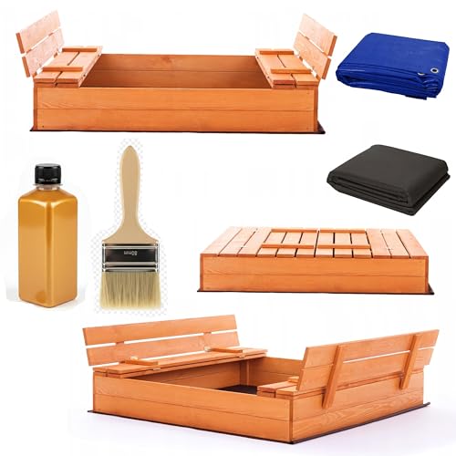 Bac à sable, 100 x 100 cm, imprégné ou non traité, de qualité supérieure, avec couvercle, bancs, couvercle, bâche, bois de pin non tissé, 120 x 120 cm, miel