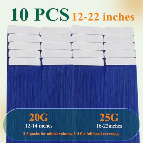 Image of Easyouth Tape in Hair Extensions Real Human Hair Blue Seamless Tape in Hair Extensions Human Hair Colored Tapes in Hair Extensions Real Human Hair 16 Inch 25G 10Pcs