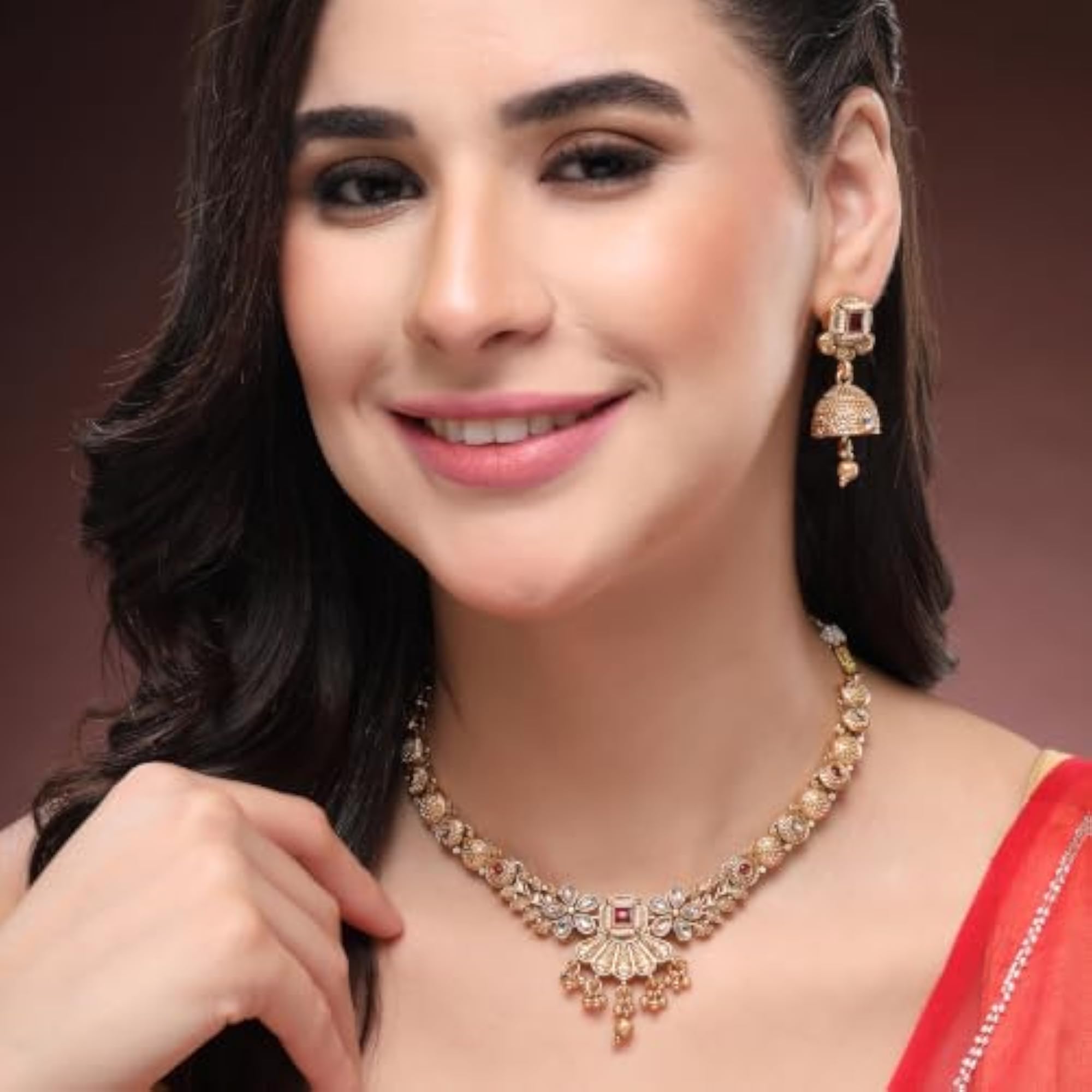 Plated Traditional Peacock Pearl Cluster Necklace Set, Antique