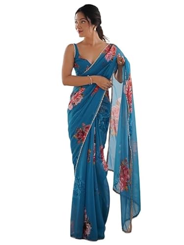 Global Modern Black Chiffon Saree with Sequin and Pearl Detailing Saree with Blouse Piece. (Blue)